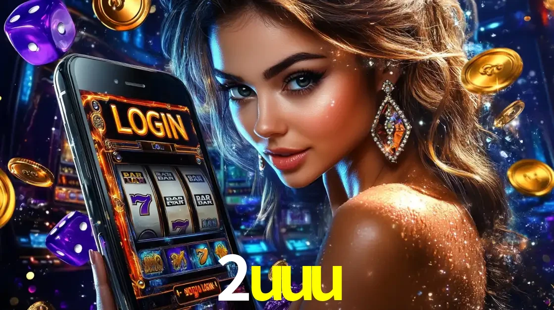 Mulher glamorosa segurando um smartphone com a tela de login para os jogos de caça-níqueis do cassino online 2uuu, com moedas de ouro e dados ao redor.