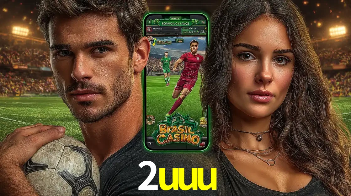 Homem segurando uma bola de futebol e uma mulher ao lado de um smartphone exibindo o jogo de apostas esportivas da 2uuu. Faça seu palpite no cassino online.